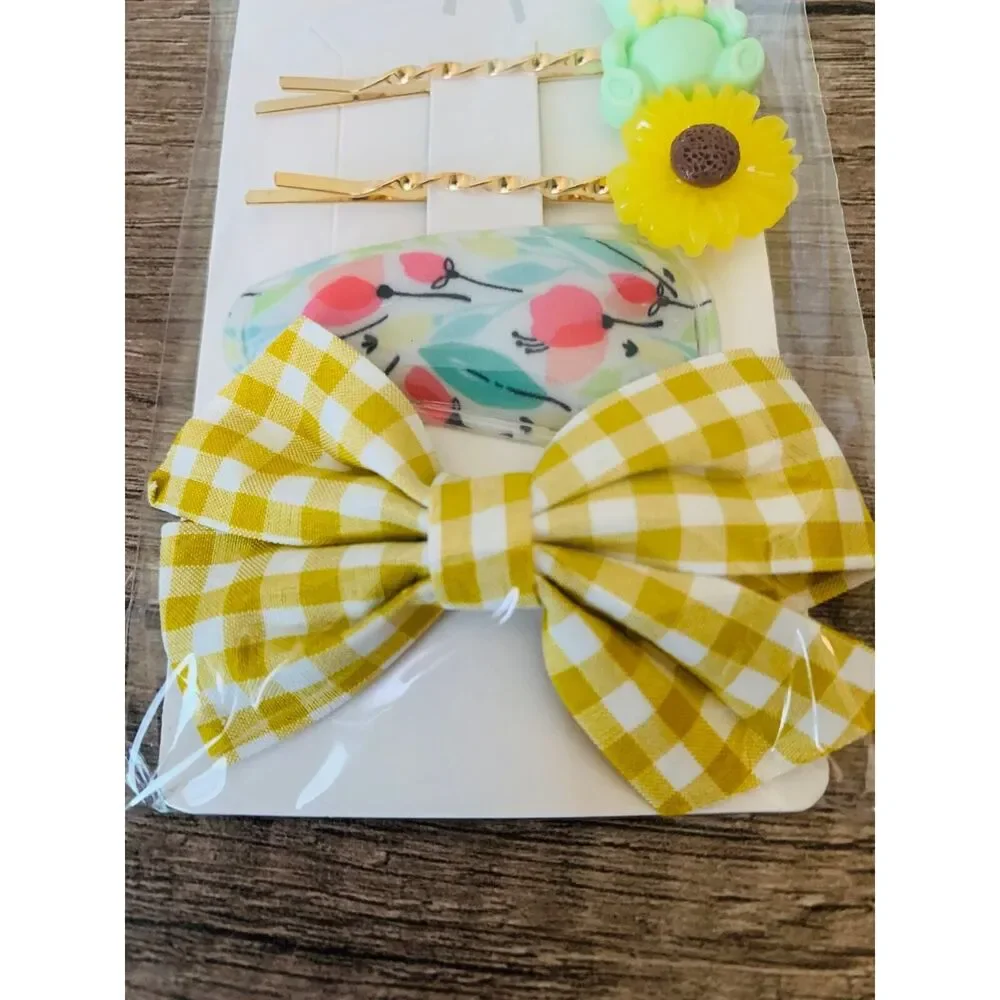 Hair pins fashion bear flower ribbon hair pin 4PC set Yellow anime LA Comic Con